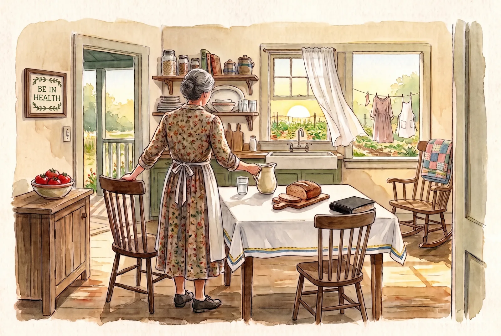 A woman seen from behind at a farmhouse kitchen table set for two, a pitcher of water and a loaf of bread on a white cloth, a sunlit garden and a clothesline through the window.