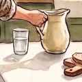 A pitcher and a glass of water.
